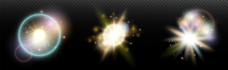Set of flash light effect with glare and glow on a transparent background. Magic, rainbow glow, shining light, stars, optical flares for design, photomontage, New Year and holiday projects.