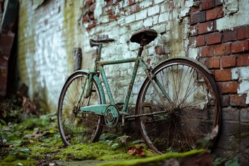 Fototapeta premium An old, rusted bicycle leans against a mossy brick wall, telling stories of urban decay and forgotten journeys.