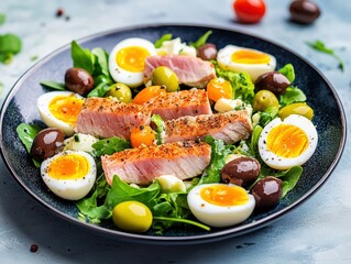 Delicious Salade Ni&Atilde;&sect;oise with Boiled Eggs, Salmon, and Fresh Vegetables