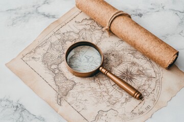 A vintage-style poster of a magnifying glass inspecting a detailed map, with sepia tones and ornate typography emphasizing exploration and curiosity