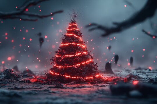 An eerie abstract Christmas tree made of black ribbons and glowing crimson lights, surrounded by ghostly shapes in a moody, gothic scene
