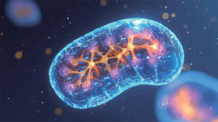 Digital illustration depicting a stylized mitochondrion. The image shows a bean-shaped structure with internal network of glowing orange and pink lines.  The overall color palette is cool, with