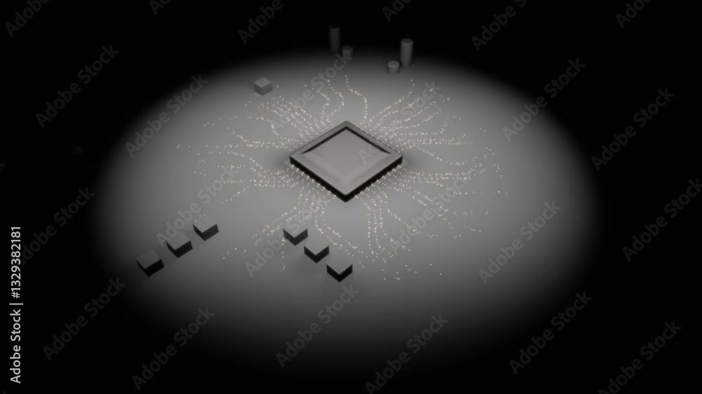 Poster illuminated processor. golden glow and data dynamics.
