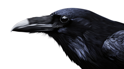 A profile view of a black crow, with its sharp, curved beak and piercing eyes, isolated on a transparent background.