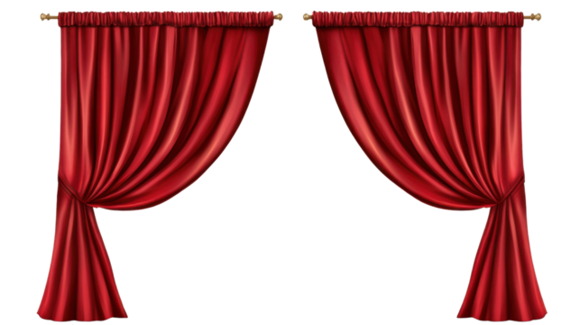 Red velvet stage curtains slightly parted in the middle, isolated on transparent background, with subtle shadows highlighting the luxurious material