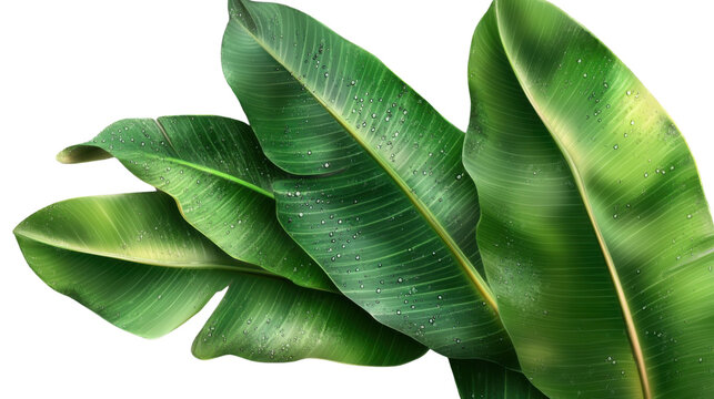 Several large, vibrant banana leaves with dewdrops, isolated on transparent background, evoking a lush, tropical vibe.