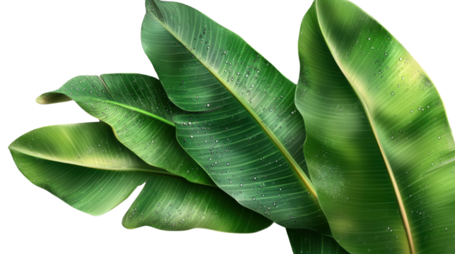 Several large, vibrant banana leaves with dewdrops, isolated on transparent background, evoking a lush, tropical vibe. - Powered by Adobe