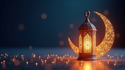 Decorative Lantern and Crescent Moon Illuminated in a Festive Night Setting