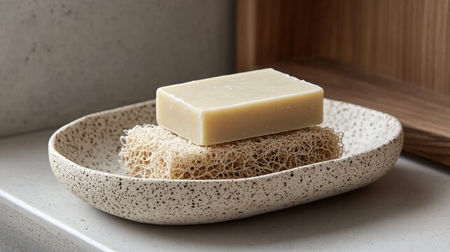 A bar of soap sitting atop a natural sponge holder