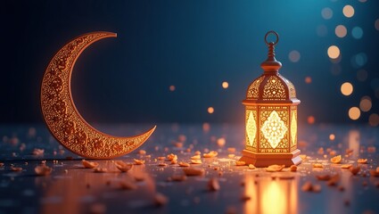 Intricately Designed Crescent Moon with Lantern Glowing Amid Festive Atmosphere