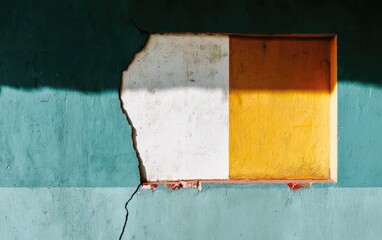 Close Up of a Rectangular Opening in a Teal Wall Revealing White and Yellow Painted Surface