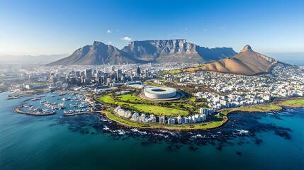 Stunning aerial view of Cape Town featuring Table Mountain and the city skyline on a clear sunny day