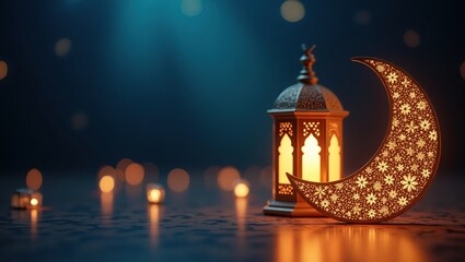 Festive Lantern and Crescent Moon Glowing Amid Serene Lights and Patterns