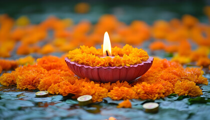 Close Up View of Candle with Soft Glowing Flame Surrounded by Orange Flowers in a Shallow Depth of Field Setting