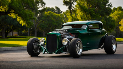 The hotroad car is dark green