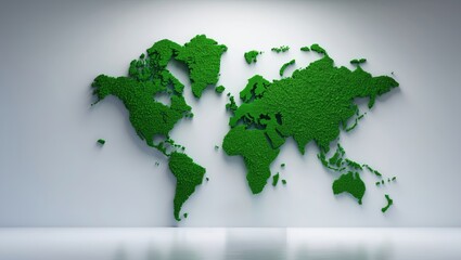 Green textured world map art displayed on a minimalist wall in a modern interior setting