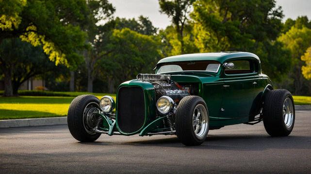 The hotroad car is dark green