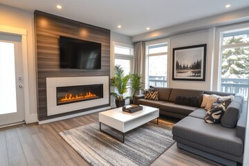 Fototapeta premium Modern living room with fireplace, sectional sofa, and large windows. (1)