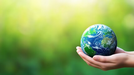 A hand gently holds a small globe, symbolizing care for the Earth amidst a soft, blurred green background.