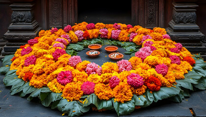 Fototapeta premium Festive Floral Decoration with Diyas at Hindu Temple Entrance Featuring Marigolds and Pink Flowers with Vibrant Colors in Traditional Arrangement