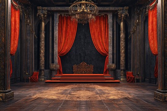 An ornate royal throne room with red curtains and pillars