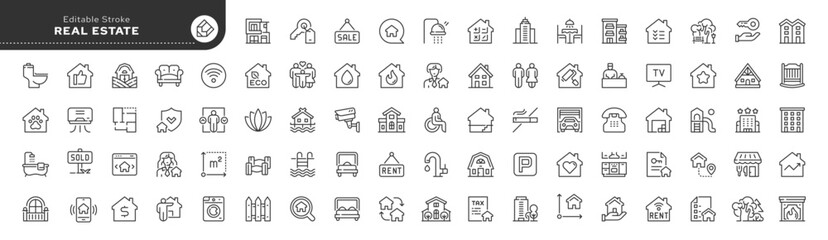 Real estate line icon set. Buying, selling and renting a house. Mortgages and housing loans. Outline vector icon in linear style. Pictogram collection