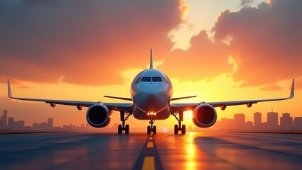 Commercial Airplane on Runway at Sunset with Distant City Skyline