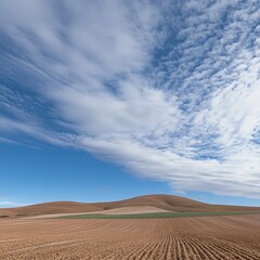 a vast open field under a striking cloudy sky, displaying a sense of peace and endlessness