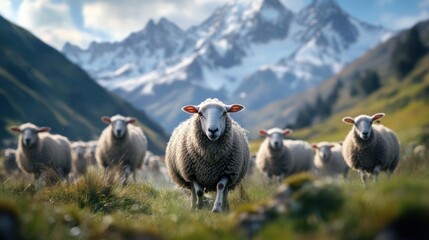 Fototapeta premium A group of male sheep in the field with the mountains in the background Sheep featuring both black and white coats 