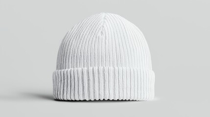 Fototapeta premium White Knit Beanie Hat on Light Gray Background