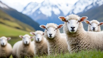 Fototapeta premium A group of male sheep in the field with the mountains in the background Sheep featuring both black and white coats 
