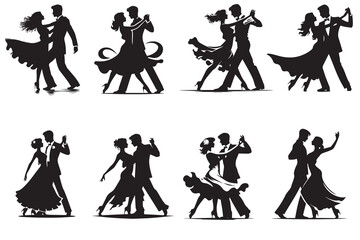 Silhouettes of dancing couples in elegant ballroom poses