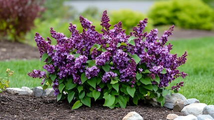 Obraz premium Vibrant Purple Lilac Bush Blooming in a Spring Garden AI Generated