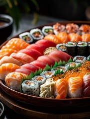 Large sushi platter displaying variety of rolls and nigiri