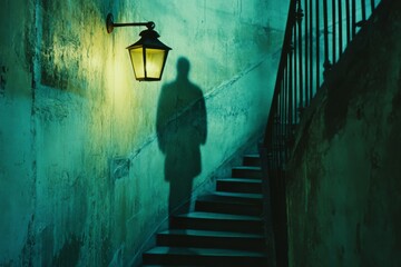 Eerie shadow climbs dim stairwell, a vintage lamp casting suspenseful highlights on the textured walls, reminiscent of a noir mystery.