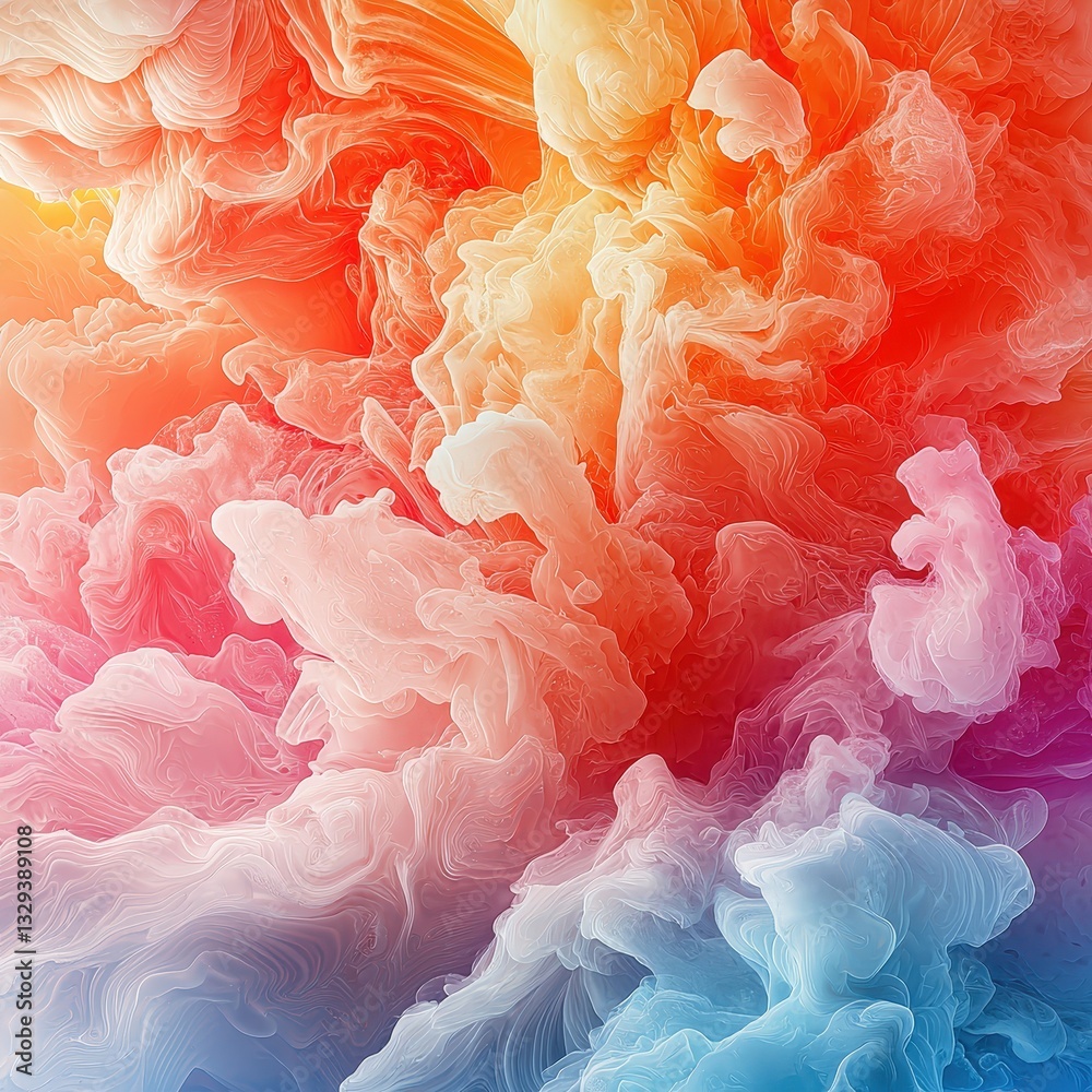 Poster a mesmerizing abstract of colorful clouds blending vibrant hues. this image shows a dynamic interpla