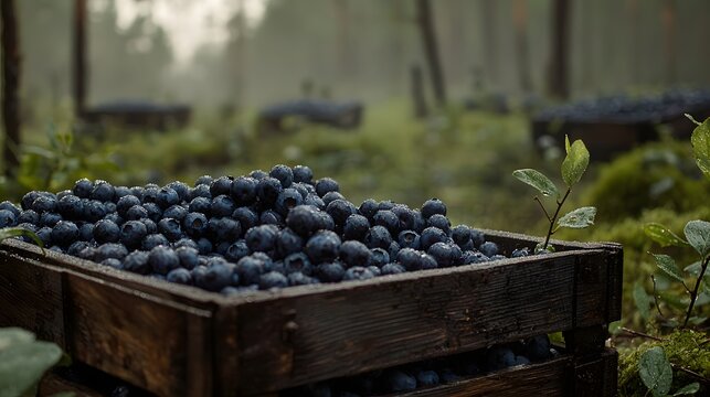 Blueberries in small wooden crates with forest background.