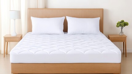 White Quilted Bedspread On Light Wood Bed Frame