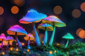 Fototapeta premium Illuminated colorful fantasy mushrooms growing on a bed of moss