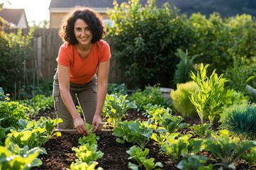 Eine Frau bei der Gartenarbeit im Salatbeet