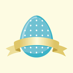 Blue polka-dotted egg with gold ribbon banner