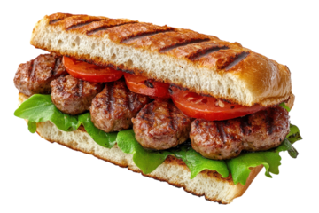 A Juicy Grilled Kofta Sandwich Overflowing With Flavor, Nestled In A Toasted Ciabatta Roll, Topped With Fresh Lettuce And Ripe Tomatoes, Presented Against A Bright White Backdrop Isolated on Transpare