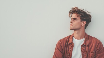 Fototapeta premium Handsome young man leaning sideways against a wall, playful full body pose, minimalist white space