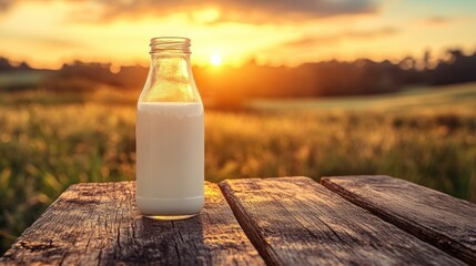 Fresh milk bottle at sunset