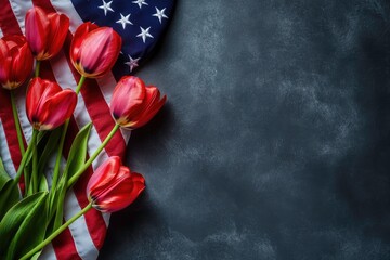 Obraz premium Red Tulips on an American Flag, a Patriotic Composition