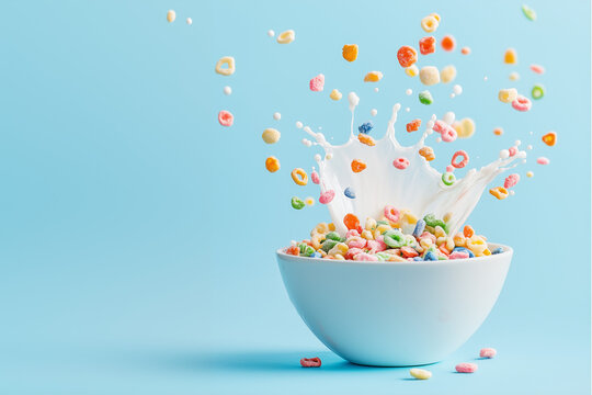 A vibrant bowl of colorful cereal splashing in fresh milk, set against a bright blue background. Celebrating National Cereal Day with energy and joy. Perfect for breakfast ads, promotions, and food br