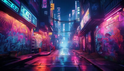 A dark alley in a cyberpunk metropolis, neon graffiti covering the walls, the air buzzing with the hum of neon lights and distant machinery, creating a gritty, futuristic atmosphere