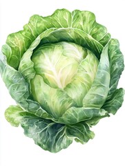 Fototapeta premium Watercolor painting of a fresh green cabbage on white background