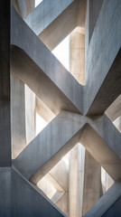 Intersecting concrete beams forming a bold geometric pattern with natural light.