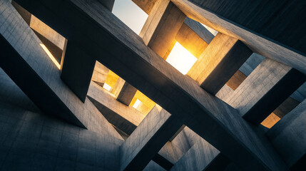 Fototapeta premium Abstract brutalist concrete beams with warm sunlight illuminating the edges.